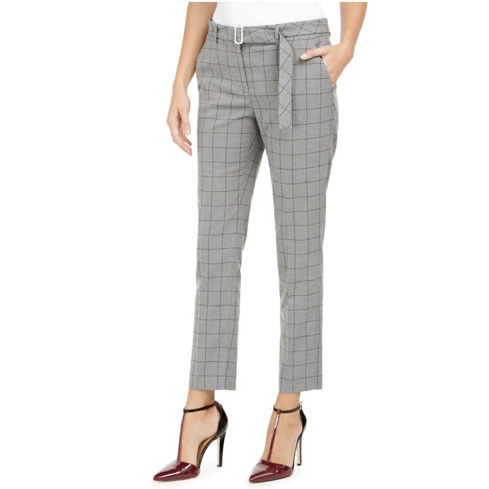 NEW Calvin Klein Grey Black Window Pane Belted Trouser Pants Sz. 12P